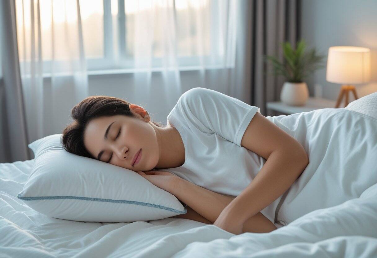 Person liegt friedlich schlafend auf der Seite in einem hellen Schlafzimmer mit weißer Bettwäsche.